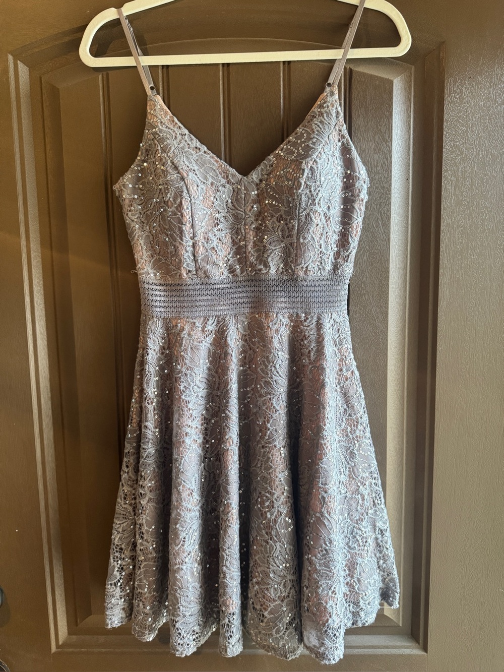 Jodi Kristopher Silver Sequin Lace Fit & Flare Party Dress Sz 3